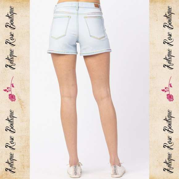 🌹 Judy Blue Rainbow Thread Mid Rise Shorts - Picture 4 of 11